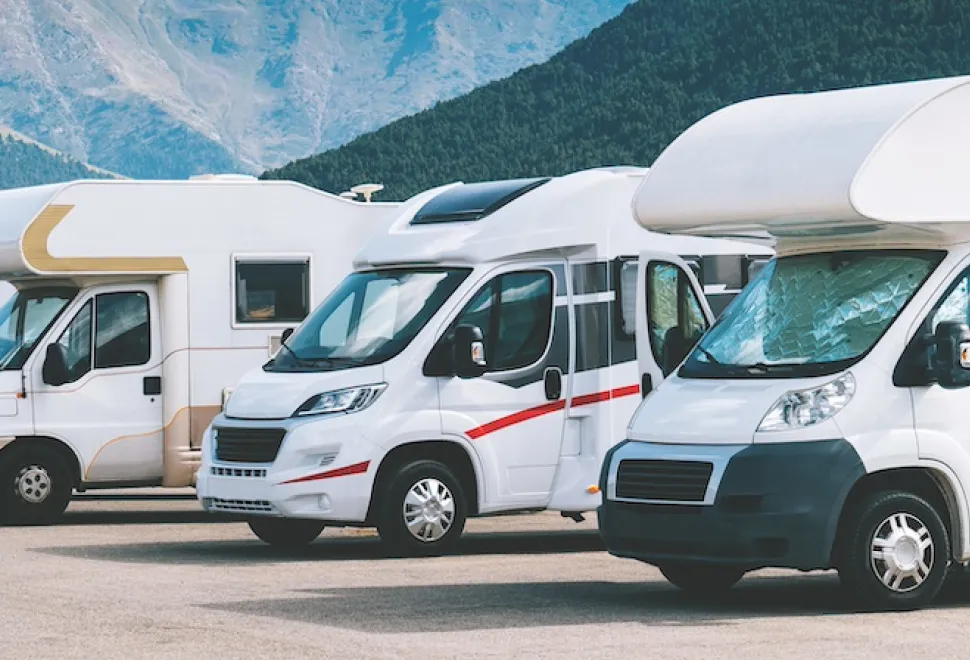 Motorhomes parked in a line 