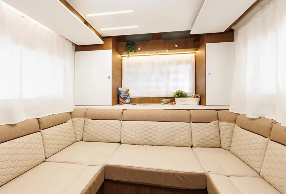 The rear lounge inside the Benimar Mileo 282