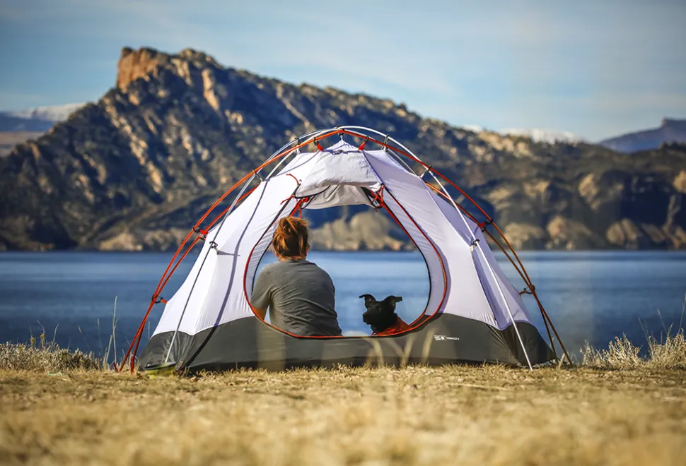A person with a dog in a tent overlooking a lake 