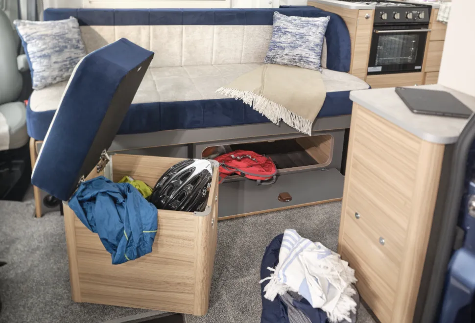 The seating and storage inside the Bailey Endeavour B63