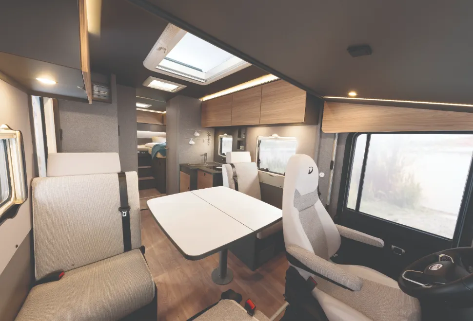 Dethleffs Trend I 7057 EBL 2025 A-class with lounge seats in travel position to carry passengers