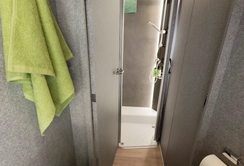 Dethleffs Trend I 7057 EBL 2025 A-class across the width washroom shut off from bedroom and lounge