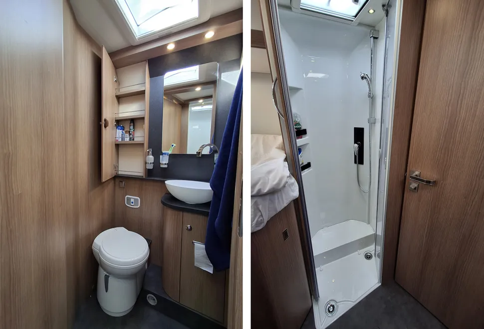 Malibu T450 RB-LE Lightweight - washroom split image with toilet compartment on right and opposite shower in the left-hand image
