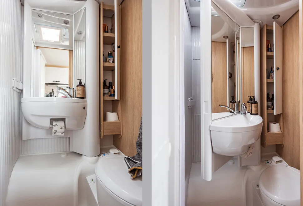 Sunlight Van Adventure V66 swing wall washroom - on the left it its pushed back against the wall; on the right it is being pivoted to sit above the toilet and create a shower area