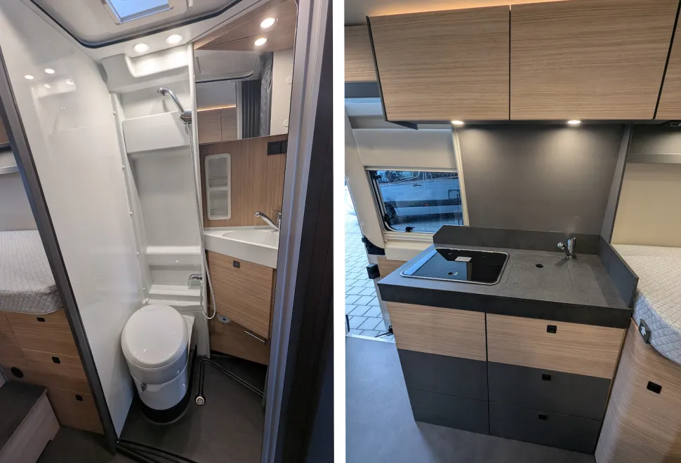Malibu Relax Active 2026 campervan washroom (left) and kitchen (right)