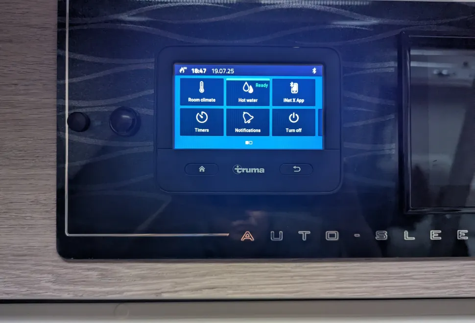 The control panel inside the Auto-Sleeper Nuevo EK Plus