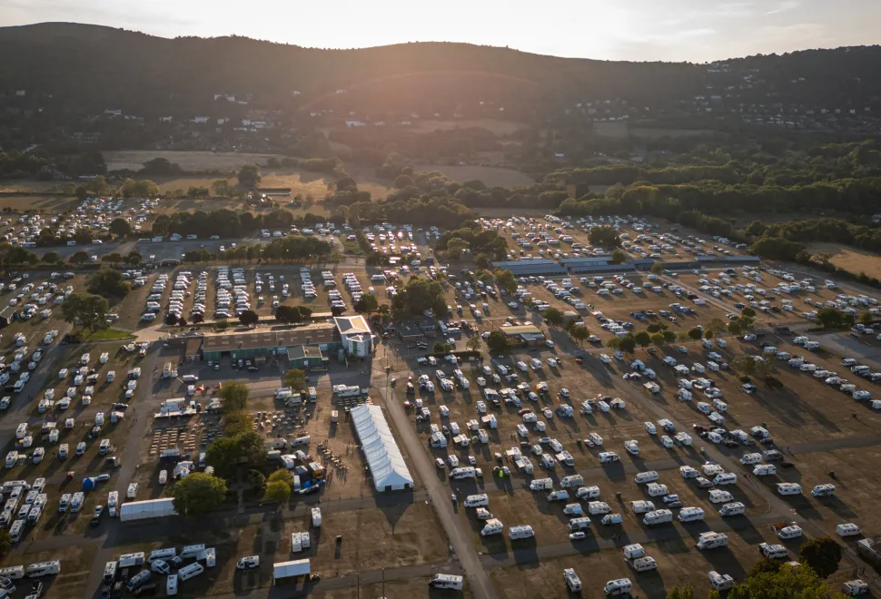 A beautiful view of the Malvern showground at dusk under the foothills