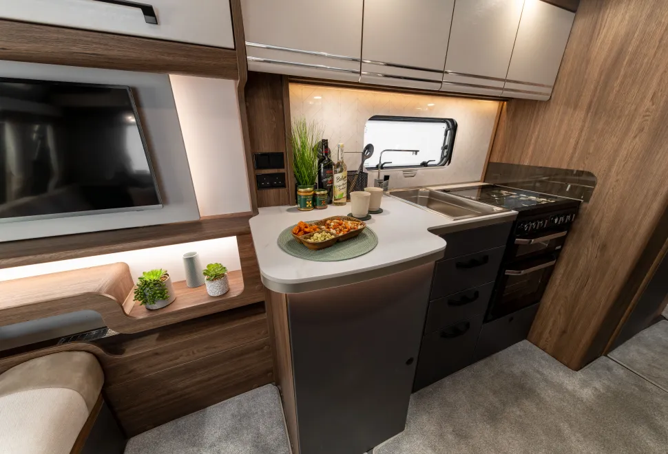 The spacious, modern and practical kitchen inside the Buccaneer Starliner Barracuda