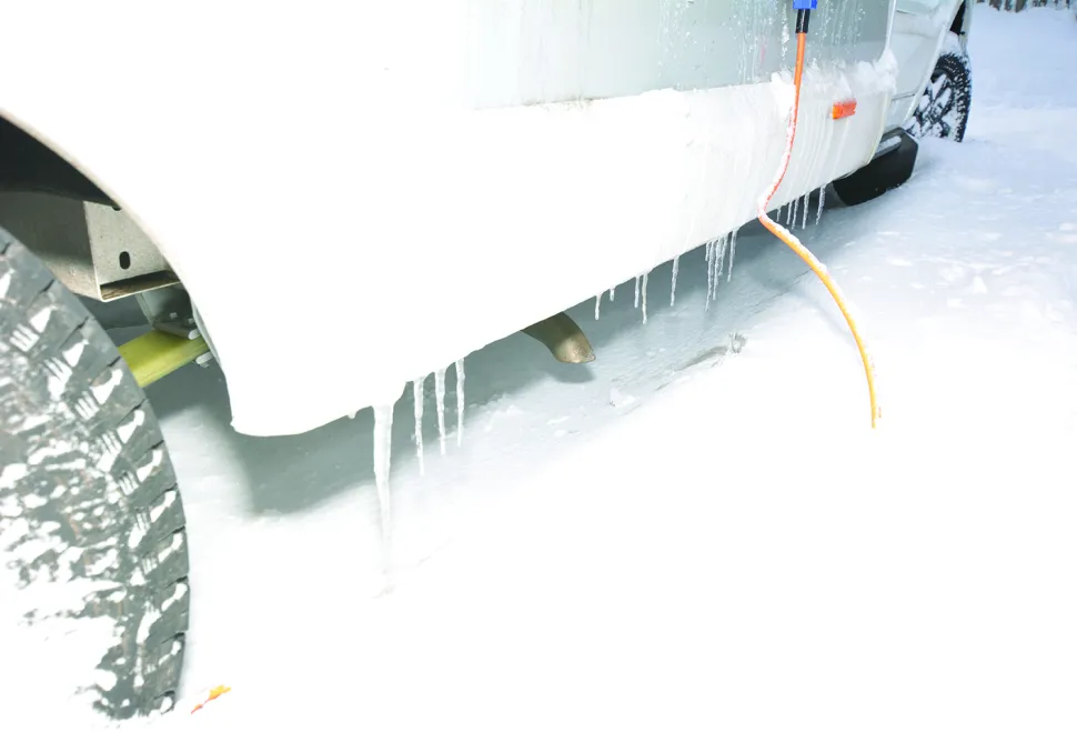 Bailey Alora 69-4S motorhome icicles on a bumper
