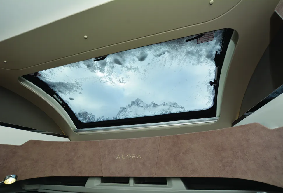 Bailey Alora 69-4S motorhome snow on the overcab skylight