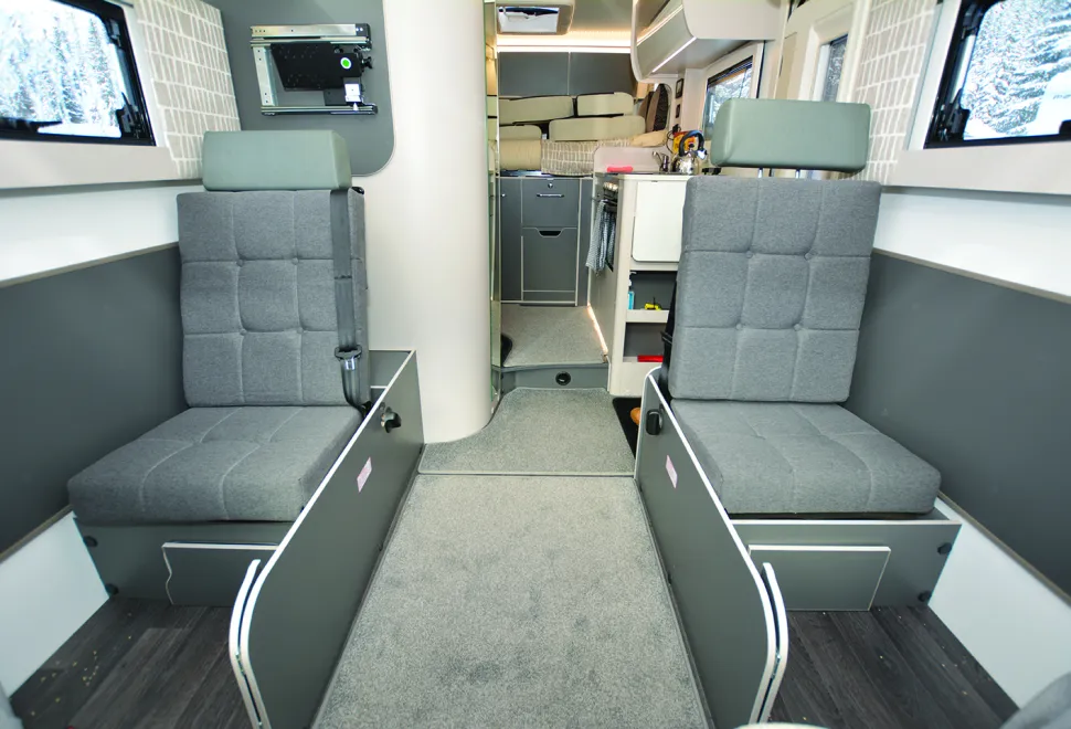 Bailey Alora 69-4S motorhome travel seats fold up from under lounge sofas
