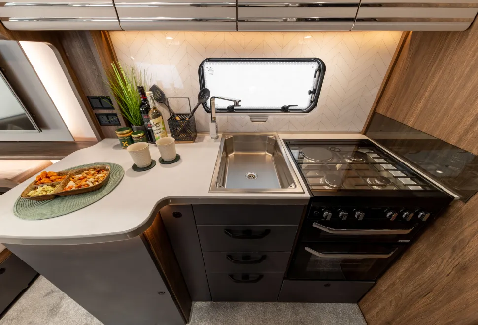 The kitchen inside the Buccaneer Starliner Barracuda