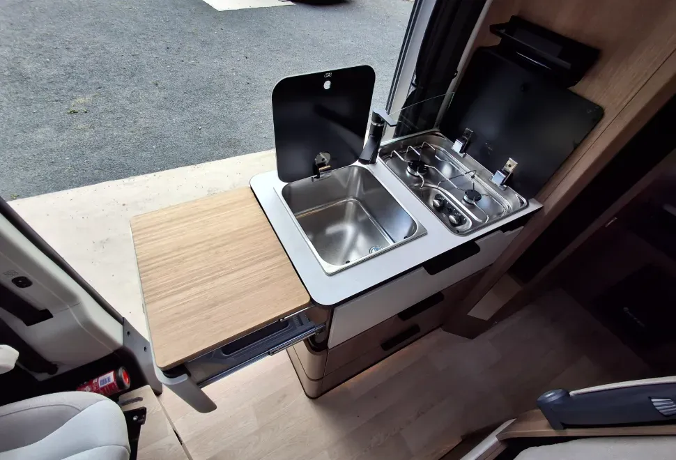 The kitchen inside the Dreamer Select D55 20th Anniversary campervan