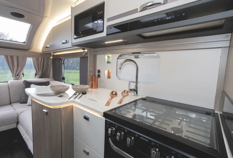 The roomy kitchen of the Swift Conqueror Grande 560L