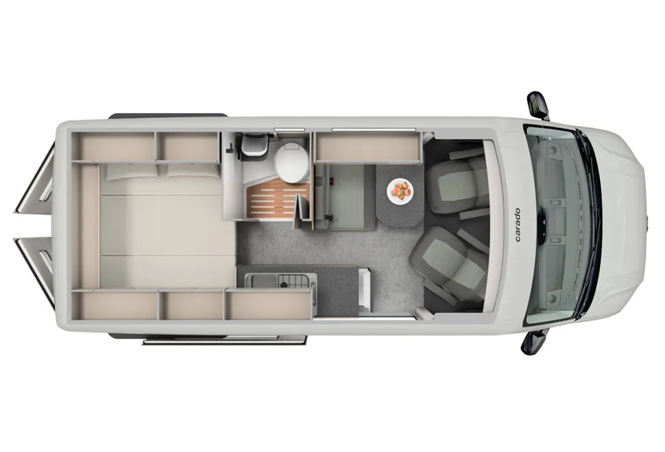 Carado CV595 Layout diagram showing rear fixed bed, central washroom opposite a kitchen and front half dinetter lounge