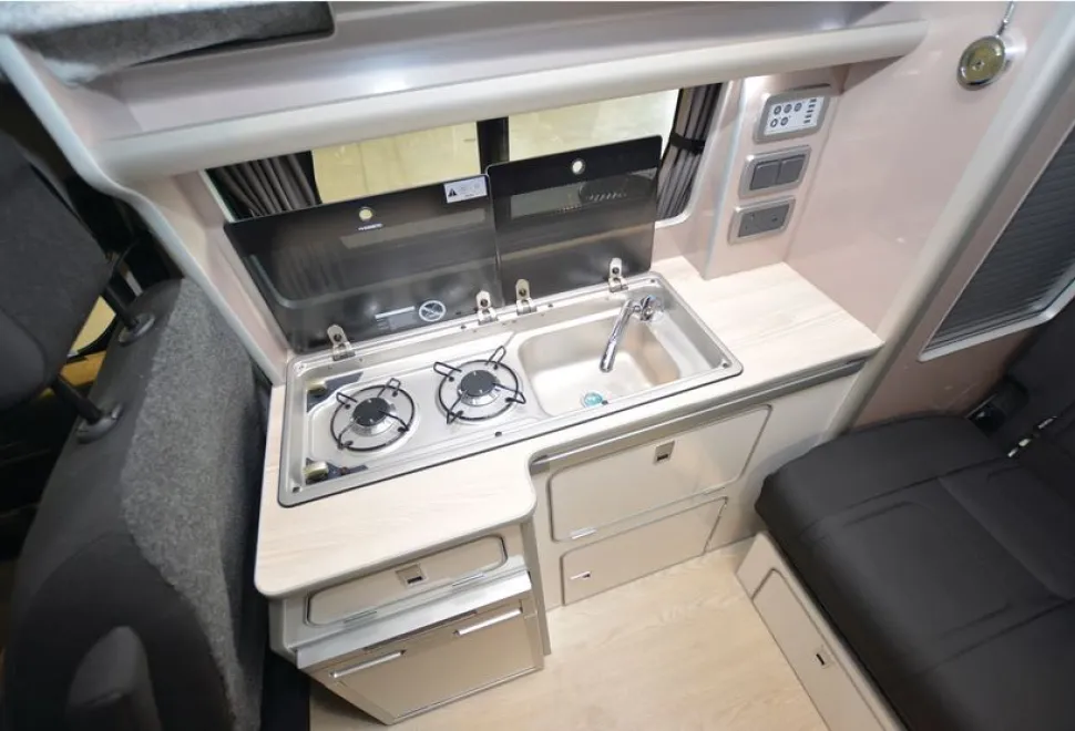 Orange Campers Micro Camper rising roof campervan kitchen