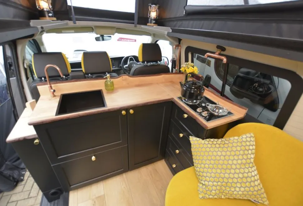 Brown Bid & Co Sully rising roof campervan kitchen
