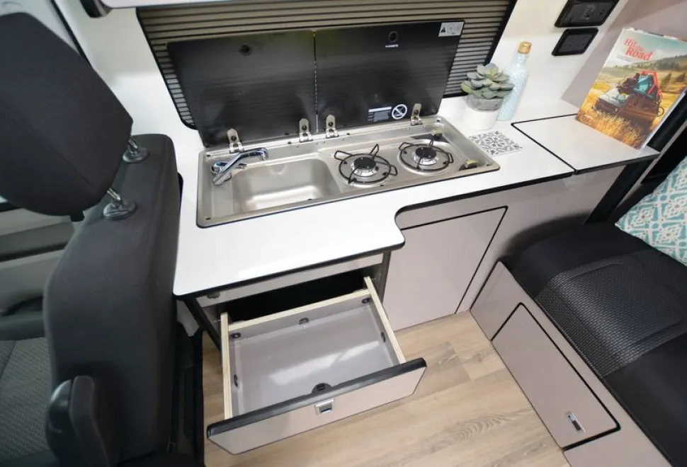 Incline Campers VW T6 rising roof campervan kitchen
