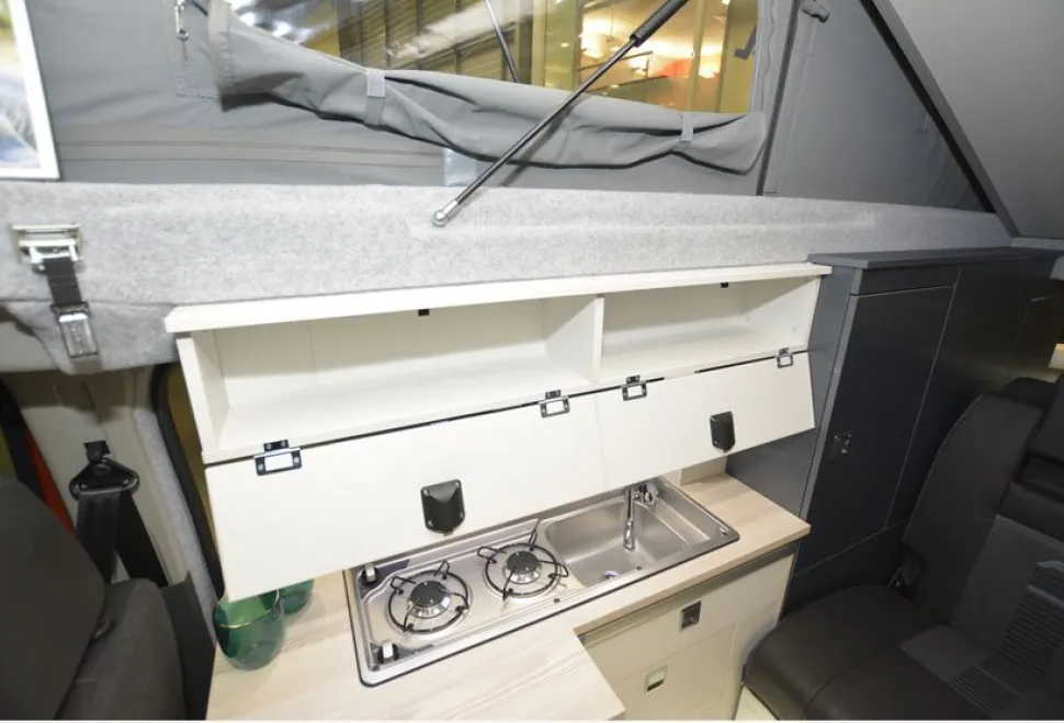 The Orange Campers Trouvaille Actif rising roof campervan kitchen
