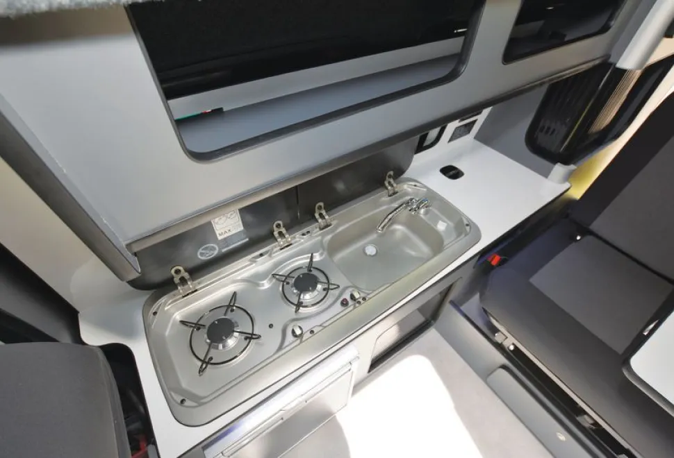 The CampAway Caddy rising roof campervan kitchen