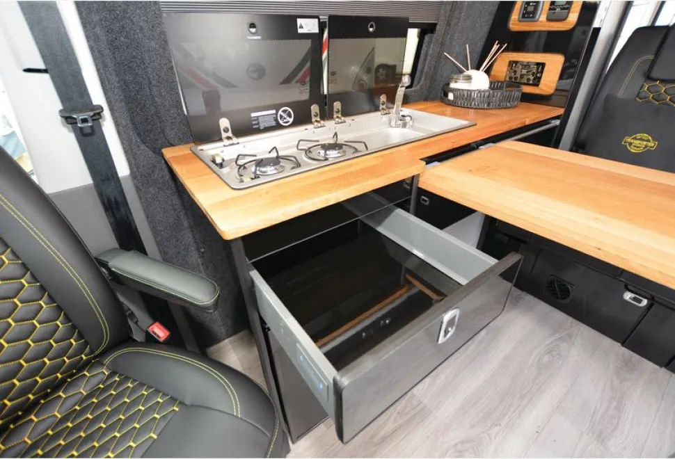 The Transporter Works Garage rising roof campervan kitchen
