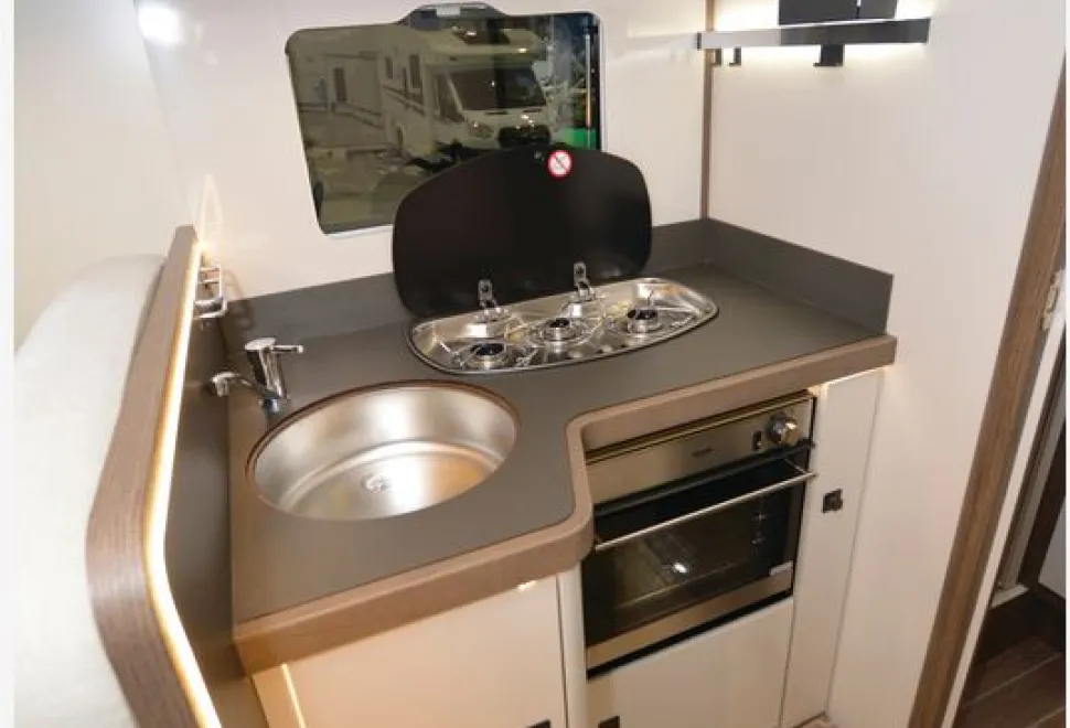 The Roller Team Pegaso 590 A-class motorhome kitchen