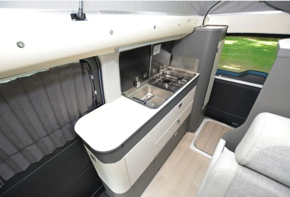The Westfalia Jules Verne rising roof campervan kitchen