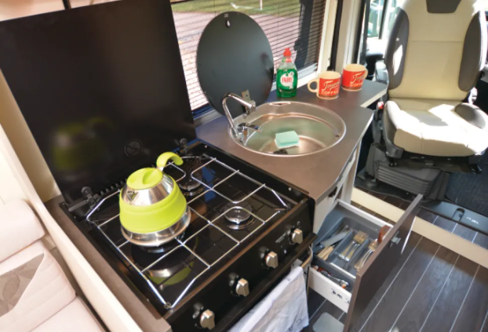 The Rimor Horus 66 high-top campervan kitchen
