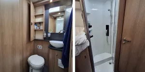 Malibu T450 RB-LE Lightweight - washroom split image with toilet compartment on right and opposite shower in the left-hand image