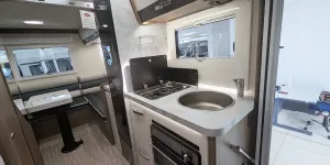 Elnagh Baron 530 interior showing kitchen area by the habitation door