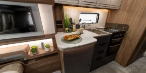 The spacious, modern and practical kitchen inside the Buccaneer Starliner Barracuda