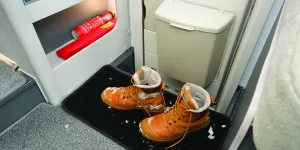 Bailey Alora 69-4S motorhome doorway with a pair of snow-covered boots
