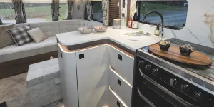 The kitchen surface reaches more than a metre into the centre of the caravan