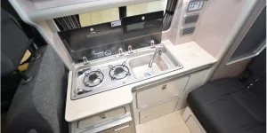 Orange Campers Micro Camper rising roof campervan kitchen
