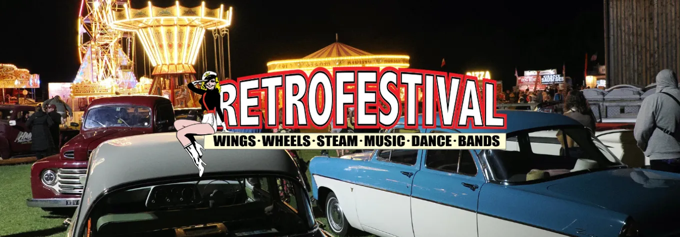 Retro Festival logo and background image of the site at night