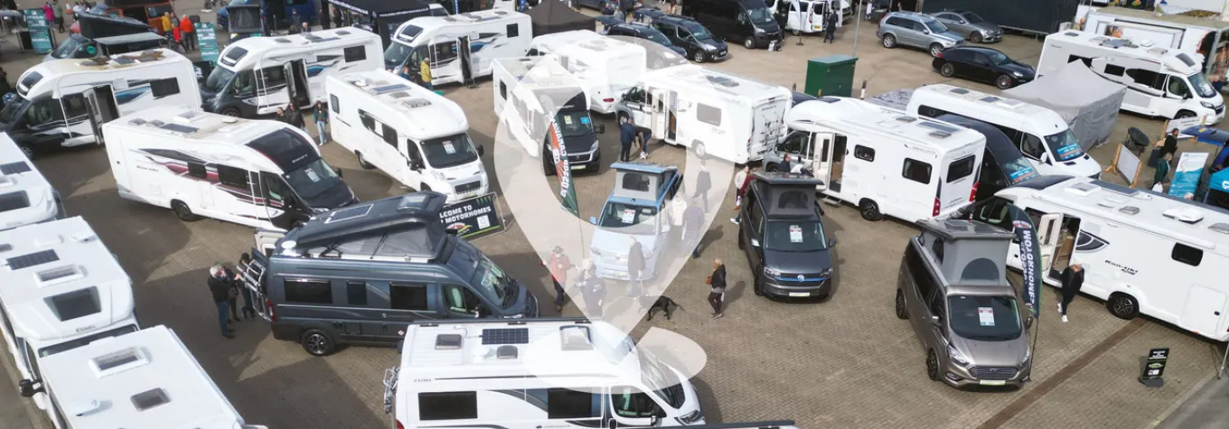 Drone shot of motorhomes
