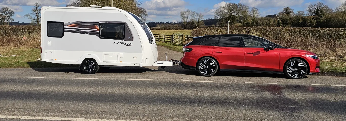 The Volkswagen ID.7 Tourer GTX towing a  Swift Sprite Exclusive Compact
