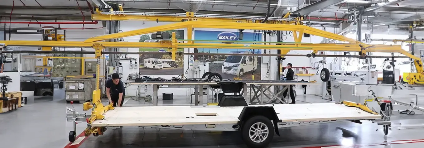 A bailey caravan in early stages of construction, still being built in their factory in Bristol