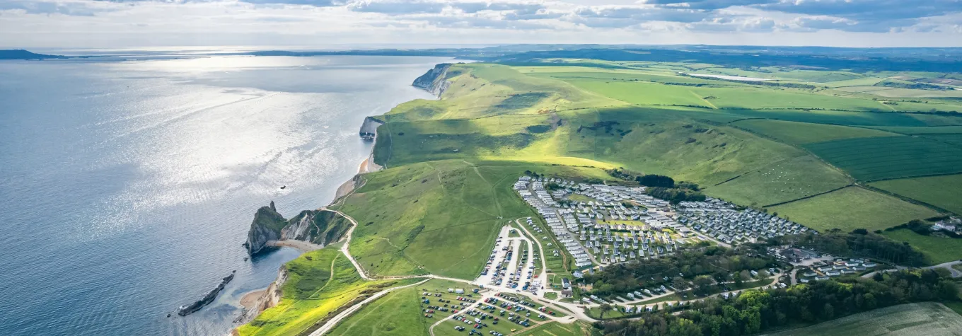 Panorama over Durdle Door Holiday Park and Jurassic Coast and Clifs, Wareham, Dorset, England, Europe