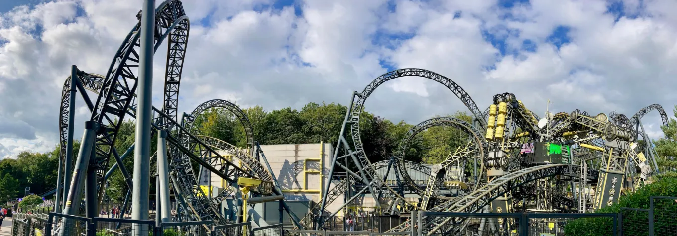 Alton Tower theme park , Alton, Stoke-on-Trent , Staffordshire, England , United Kingdom 30 Aug 2023 : Panorama view of The Smiler