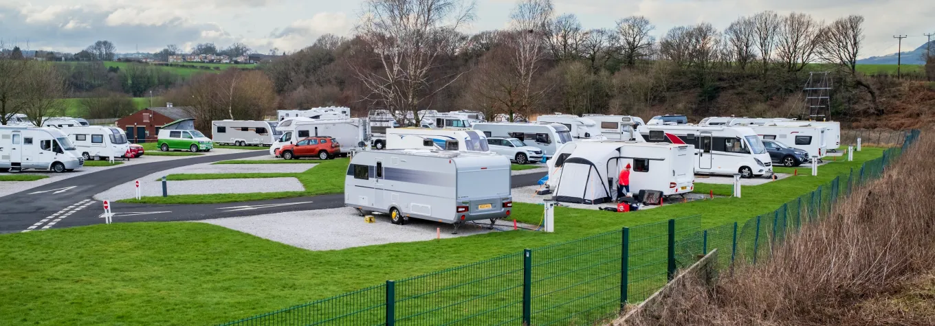 Burrs Bury UK 10 February 2024. Burrs country park Bury camping and caravan site in the winter with motor homes and caravans on hard stands