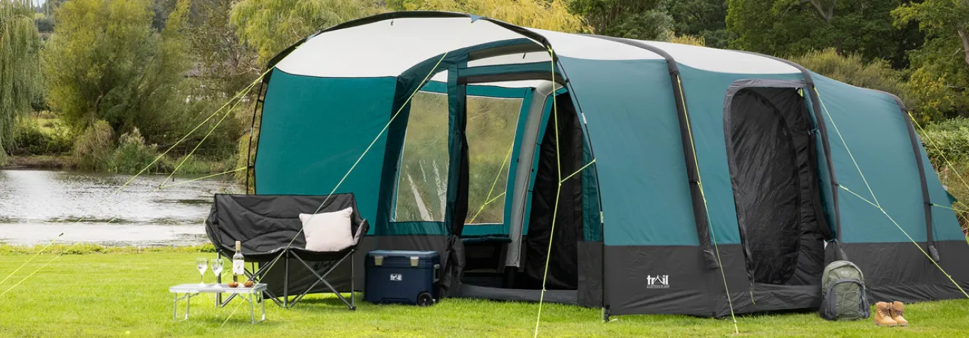 Trail tent by lake
