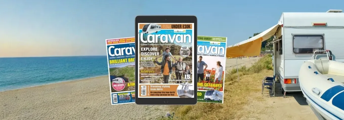 image of the caravan magazines overlayed onto a picture of a caravan on a beach campsite