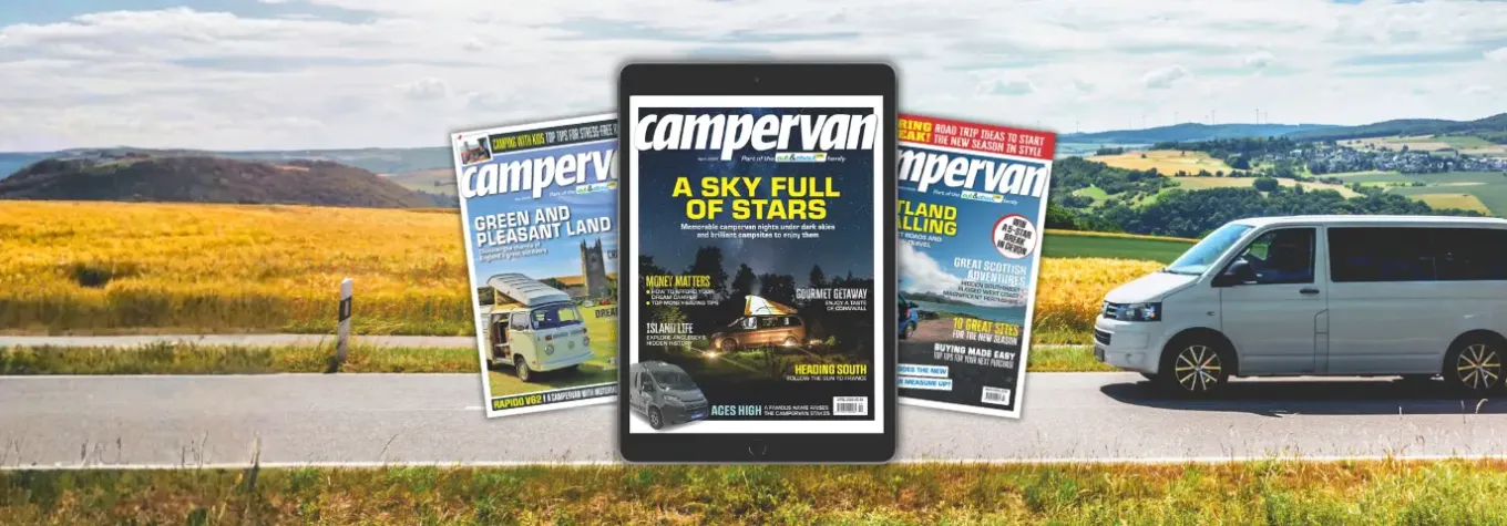 scenic image of a campervan driving down a road with the campervan magazines overlaid