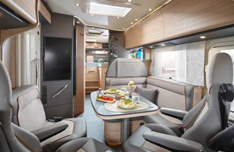 Malibu's new A-class interior for 2026 with dark grey accents and lighter fabrics (model shown I 470 RB-LE K)