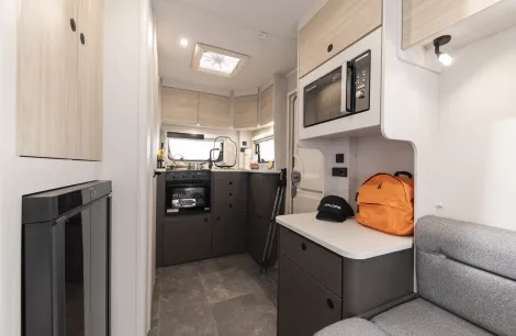 A modern lounge leans towards the practical and easy to use kitchen