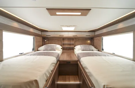 The bedroom inside the Avventura motorhome