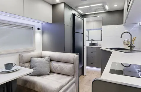 The luxury dinette of the Retreat Daydream, leading towards the kitchen