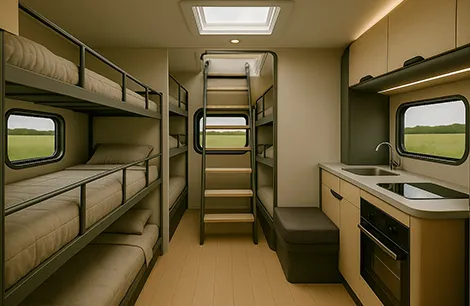 The bottom floor is accompanied by nine, yes nine, bunk beds