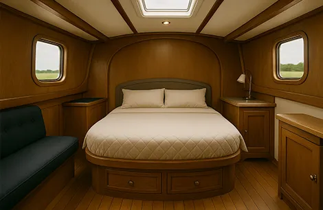 The bedroom is furnished like a captain’s cabin